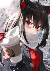 Rule 34 | 1girl, absurdres, ahoge, animal ear fluff, animal ears, black-framed eyewear, black coat, black hair, blush, borumete, braid, breath, closed mouth, coat, coffee cup, commentary request, cup, disposable cup, earrings, fox ears, fox girl, glasses, hair between eyes, hair ribbon, highres, holding, holding cup, hololive, jewelry, kurokami fubuki, long hair, looking at viewer, low ponytail, open clothes, open coat, outdoors, rectangular eyewear, red eyes, red nails, red ribbon, red sweater, ribbed sweater, ribbon, scarf, side braid, sidelocks, single earring, snowing, solo, steam, sweater, v-shaped eyebrows, virtual youtuber, white scarf, winter, winter clothes