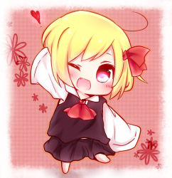 Rule 34 | 1girl, ;d, arm up, ascot, blonde hair, blush, chibi, fang, female focus, hair ribbon, heart, long sleeves, looking at viewer, misa (kaeruhitode), one eye closed, open mouth, red eyes, ribbon, rumia, short hair, skirt, sleeves past wrists, smile, solo, touhou, wink