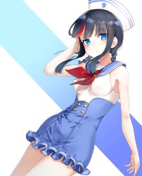 Rule 34 | 1girl, bare shoulders, black hair, blue eyes, blue sailor collar, blue skirt, blush, braid, breasts, buttons, double-breasted, fate/grand order, fate (series), hat, highres, looking at viewer, low twin braids, m.tokotsu, medium breasts, medium hair, multicolored hair, one-piece swimsuit, pink hair, sailor collar, sailor hat, sidelocks, skirt, solo, streaked hair, swimsuit, thighs, twin braids, utsumi erice, utsumi erice (swimsuit avenger), utsumi erice (swimsuit avenger) (second ascension), white hat, white one-piece swimsuit