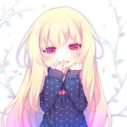 Rule 34 | 1girl, :d, blonde hair, blue hoodie, blush, commentary request, drawstring, fang, hair between eyes, hand to own mouth, hands up, hood, hoodie, long hair, long sleeves, looking at viewer, lowres, open mouth, original, polka dot, polka dot hoodie, red eyes, sakurato ototo shizuku, sleeves past wrists, smile, solo, very long hair, white background