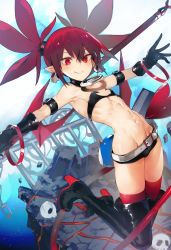 Rule 34 | 1girl, absurdres, belt, black gloves, black shorts, boots, choker, closed mouth, demon girl, demon tail, demon wings, disgaea, earrings, elbow gloves, etna (disgaea), fang, flat chest, gloves, groin, high heel boots, high heels, highres, huge filesize, jewelry, looking at viewer, lowleg, makai senki disgaea, navel, nishiide kengorou, outstretched arms, pointy ears, red eyes, red hair, red thighhighs, red wings, short shorts, shorts, skin fang, skirt, skull earrings, solo, stomach, tail, thigh boots, thighhighs, twintails, wings
