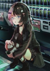 Rule 34 | 1girl, absurdres, arrow hair ornament, black choker, black hair, black jacket, black shirt, black skirt, blue eyes, blush, breasts, can, choker, glasses, hair ornament, hat, heart, heart hair ornament, highres, iris black games, jacket, looking at viewer, mika uni, monster energy, multicolored hair, official alternate costume, open clothes, open jacket, pink hair, shirt, short hair, skirt, skull hair ornament, solo, split-color hair, squatting, tachibana hinano (vtuber), thigh strap, two-tone hair, vending machine, virtual youtuber, vspo!