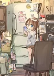 Rule 34 | 1girl, blue eyes, box, chair, child, computer, female focus, from behind, green shorts, highres, holding, indoors, laptop, looking back, milk carton, nisemono wakura, original, parted lips, ponytail, refrigerator, short shorts, shorts, solo, standing, table, wooden floor