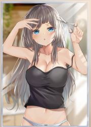 Rule 34 | 1girl, akino ell, armpits, arms up, bare arms, bare shoulders, black shirt, blue eyes, breasts, camisole, cleavage, collarbone, crop top, cutting hair, grey hair, groin, highres, holding, large breasts, long hair, looking at viewer, mirror, navel, no pants, original, panties, parted lips, reflection, scissors, shirt, sleeveless, sleeveless shirt, solo, spaghetti strap, stomach, strap slip, striped clothes, striped panties, sweat, taut clothes, taut shirt, underwear, underwear only, v-shaped eyebrows