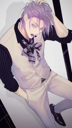 Rule 34 | 1boy, a jou, arm up, black footwear, black shirt, candy, collared shirt, dress shirt, feet out of frame, food, formal, hair between eyes, hand in pocket, highres, kuroko no basuke, leg up, lollipop, looking at viewer, male focus, mouth hold, murasakibara atsushi, necktie, open mouth, pants, purple eyes, purple hair, purple necktie, shirt, shoes, short hair, sleeves rolled up, solo, teeth hold, vest, white background, white pants, white vest
