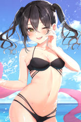 Rule 34 | 1girl, ;d, absurdres, bad id, bad pixiv id, bare arms, bare shoulders, bikini, black bikini, black hair, blue sky, blush, breasts, cleavage, cloud, collarbone, commentary request, cowboy shot, day, hair between eyes, hand on own cheek, hand on own face, hand up, highres, horizon, idolmaster, idolmaster cinderella girls, kudou (sikisiki0000), looking at viewer, mole, mole under eye, navel, ocean, one eye closed, open mouth, outdoors, sharp teeth, shawl, short hair, short twintails, sky, small breasts, smile, solo, splashing, stomach, sunazuka akira, swimsuit, teeth, twintails, water, wavy hair, yellow eyes