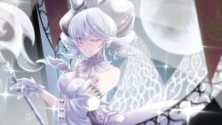 Rule 34 | 1girl, blush, breasts, cleavage, demon girl, demon horns, demon wings, dress, duel monster, earrings, gloves, grey eyes, highres, holding, holding polearm, holding weapon, horns, indoors, jewelry, large breasts, looking at viewer, lovely labrynth of the silver castle, low wings, multiple wings, one eye closed, pointy ears, polearm, rikura (likulalikula), solo, spread cleavage, transparent wings, twintails, weapon, white hair, white horns, wings, yu-gi-oh!