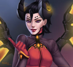 Rule 34 | 1girl, anolea, artist name, beckoning, black hair, bodysuit, breasts, dark persona, dated, demon horns, devil mercy, earrings, eyebrows, eyelashes, eyeliner, facial mark, forehead mark, glowing, glowing wings, gradient background, grey background, highres, horns, index finger raised, jewelry, light smile, lips, looking at viewer, makeup, maroon background, mechanical wings, mercy (overwatch), nose, official alternate costume, orange wings, overwatch, overwatch 1, purple eyes, red lips, short hair, signature, small breasts, solo, spread wings, upper body, watermark, web address, wings