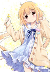 Rule 34 | 1girl, blonde hair, blue dress, blue ribbon, blush, brown cardigan, brown eyes, candy, cardigan, closed mouth, collarbone, cowboy shot, dot nose, dress, flower, food, frilled dress, frills, futaba anzu, highres, holding, holding flower, idolmaster, idolmaster cinderella girls, idolmaster cinderella girls starlight stage, long hair, long sleeves, looking at viewer, low twintails, neck ribbon, nonono (1399900), open cardigan, open clothes, plaid, plaid dress, ribbon, simple background, sleeves past wrists, smile, solo, twintails, very long hair, yellow background, yellow flower