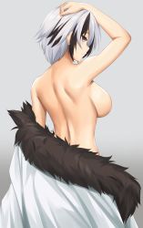 Rule 34 | 1girl, arcie albano, arlecchino (genshin impact), arm on own head, arm up, backboob, black eyes, black fur, black hair, breasts, closed mouth, coat, earrings, expressionless, from behind, fur-trimmed coat, fur trim, genshin impact, grey background, highres, jewelry, large breasts, looking at viewer, looking back, multicolored hair, naked coat, red pupils, simple background, solo, streaked hair, symbol-shaped pupils, white coat, white hair, x-shaped pupils