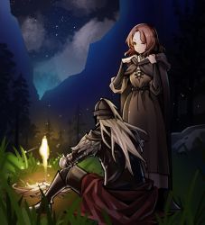 Rule 34 | 1girl, 1other, ambiguous gender, armor, back, belt, black belt, black cloak, bloody wolf (elden ring), bonfire01, brown dress, brown hair, campfire, cloak, closed mouth, cloud, commentary, dress, elden ring, facial tattoo, forehead, full armor, grass, helm, helmet, highres, hood, hood down, hooded cloak, light particles, long hair, long sleeves, melina (elden ring), night, night sky, one-eyed, one eye closed, outdoors, outstretched arms, short hair, shoulder armor, site of grace, sitting, sky, smile, tarnished (elden ring), tattoo, tree, wavy hair, white hair, yellow eyes