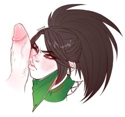 Rule 34 | 1boy, 1girl, akali, artist name, blush, brown hair, closed mouth, green mask, ilwha, league of legends, long hair, looking at another, mask, mouth mask, one eye closed, penis, penis on face, ponytail, red eyes, veins, veiny penis