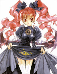 Rule 34 | 1990s (style), 1girl, angel flavor, artbook, black theme, bow, clothes lift, clothes pull, demon wings, dress, dress lift, dress pull, drill hair, hair bow, highres, nanase aoi, retro artstyle, ribbon, rindou ayaka, seraphim call, skirt, skirt lift, solo, star (symbol), thighhighs, twintails, white background, wings