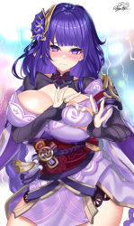 Rule 34 | 1girl, absurdres, bare shoulders, braid, breasts, cleavage, detached collar, genshin impact, hair ornament, heart, heart-shaped boob challenge, heart hands, highres, japanese clothes, kimono, large breasts, long hair, long sleeves, looking at viewer, low-braided long hair, low-tied long hair, nez-box, obi, off shoulder, purple eyes, purple hair, purple kimono, raiden shogun, sash, solo, thighs, wide sleeves