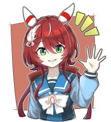 Rule 34 | 1girl, animal ears, breasts, collarbone, green eyes, grin, hair between eyes, hair ornament, hashtag-only commentary, highres, horse ears, horse girl, long hair, low twintails, red eyes, red hair, ribbon, school uniform, simple background, small breasts, smile, solo, tracen school uniform, twintails, umamusume, waving, win variation (umamusume), yozora (vxtm8373)