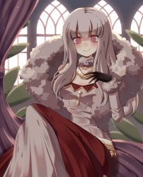 Rule 34 | 1girl, alternate costume, black gloves, closed mouth, dress, eine (eine dx), fire emblem, fire emblem: three houses, fur-trimmed jacket, fur collar, fur trim, gloves, hand on own chest, highres, jacket, long hair, long sleeves, looking at viewer, lysithea von ordelia, nintendo, pink eyes, sitting, smile, solo, white hair