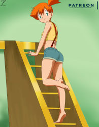 Rule 34 | 1girl, arekusanderu, arm support, barefoot, bedroom, blue eyes, climbing, closed mouth, creatures (company), full body, game freak, green shorts, grin, hair between eyes, highres, ladder, looking at viewer, midriff, misty (pokemon), nintendo, orange hair, pokemon, pokemon (anime), pokemon (classic anime), shirt, short hair, short shorts, shorts, side ponytail, sleeveless, sleeveless shirt, smile, soles, solo, suspenders, toes, yellow shirt
