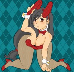 Rule 34 | 1990s (style), 1girl, all fours, animal ears, breasts, cleavage, cuffs, earrings, final fantasy, final fantasy vii, high heels, jewelry, large breasts, long hair, looking at viewer, low-tied long hair, pantyhose, rabbit ears, rabbit girl, red eyes, retro artstyle, solo, tifa lockhart, very long hair, wide hips, yarou123