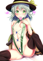 Rule 34 | 1girl, black thighhighs, blush, breasts, condom, condom in mouth, covered erect nipples, ebi 193, green eyes, green hair, hat, hat ribbon, heart, heart-shaped pupils, komeiji koishi, looking at viewer, matching hair/eyes, mouth hold, navel, ribbon, short hair, simple background, sitting, small breasts, smile, solo, spread legs, symbol-shaped pupils, thighhighs, touhou