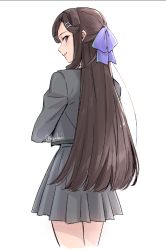 Rule 34 | 1girl, bow, brown hair, cowboy shot, crossed arms, from behind, grey jacket, grey skirt, hair bow, hair ornament, jacket, long hair, looking at viewer, omsubi, parted lips, pleated skirt, purple bow, red eyes, school uniform, seishou music academy uniform, shoujo kageki revue starlight, sidelocks, signature, simple background, skirt, solo, swept bangs, tendou maya, tsurime, very long hair, white background, x hair ornament