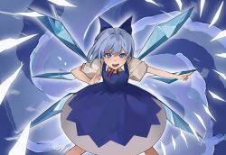 Rule 34 | 1girl, :d, absurdres, blue bow, blue dress, blue eyes, blue hair, bow, cirno, danmaku, dress, flat chest, from above, highres, ice, ice wings, legs apart, light blush, looking at viewer, open mouth, puffy short sleeves, puffy sleeves, short hair, short sleeves, sidongziban, simple background, smile, solo, teeth, touhou, touhou lost branch of legend, v-shaped eyebrows, wings