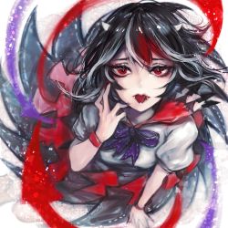 Rule 34 | 1girl, black hair, bow, bowtie, breasts, eyebrows hidden by hair, fangs, forked tongue, hair between eyes, hand up, highres, horns, kijin seija, kyogoku-uru, light particles, lips, long hair, looking at viewer, multicolored hair, nail polish, parted lips, puffy short sleeves, puffy sleeves, purple bow, purple bowtie, red eyes, red nails, shirt, short sleeves, small breasts, solo, streaked hair, tongue, tongue out, touhou, white shirt, wristband