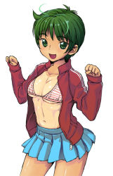 Rule 34 | 1girl, :d, arms up, bikini, bikini top only, bikini under clothes, blush, breasts, cowboy shot, double vertical stripe, green eyes, green hair, happy, jacket, looking at viewer, matching hair/eyes, no shirt, one-piece tan, open clothes, open jacket, open mouth, open shirt, pleated skirt, shiny skin, shirt, short hair, simple background, skirt, smile, solo, striped bikini, striped clothes, swimsuit, tan, tanline, toned, track jacket, underboob, wamusato haru, white background