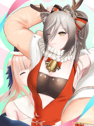 Rule 34 | 2girls, ^ ^, animal ears, arknights, bandeau, bell, cat ears, ceylon (arknights), closed eyes, commentary request, fake antlers, grey hair, highres, kanaminemu, long hair, multiple girls, off shoulder, official alternate costume, pink hair, ponytail, red shirt, scarf, schwarz (arknights), schwarz (presents) (arknights), shirt, single bare shoulder, strapless, tube top, upper body, white scarf, yellow eyes, yuri