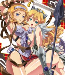 Rule 34 | 2girls, :d, aqua eyes, arai nobu, armor, armpits, arms up, ass, bad id, bad pixiv id, blonde hair, blue eyes, blush, breasts, buckle, captain of the royal guard elina, elina (queen&#039;s blade), elina (queen's blade), exiled warrior leina, hairband, leina (queen&#039;s blade), leina (queen's blade), multiple girls, open mouth, polearm, queen&#039;s blade, revealing clothes, shiny skin, siblings, smile, spear, sword, weapon, yuri