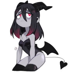 Rule 34 | 1girl, bare arms, bare shoulders, bat wings, black hair, black leotard, black thighhighs, breasts, cleavage, closed mouth, cropped legs, demon girl, demon tail, gradient hair, hair between eyes, highres, horns, jitome, leotard, long hair, lovesick succubus (sui (suizilla)), multicolored hair, original, red eyes, scar, scar on breasts, signature, simple background, small breasts, solo, strapless, strapless leotard, sui (suizilla), tail, thighhighs, white background, wings
