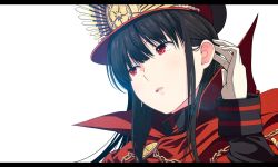 Rule 34 | 1girl, black hair, cape, chain, crest, family crest, fate (series), gloves, hat, hat ornament, koha-ace, letterboxed, long hair, looking away, military, military uniform, oda nobunaga (fate), oda nobunaga (koha-ace), open mouth, red eyes, simple background, solo, tsukumo (soar99), uniform, upper body, white background, white gloves