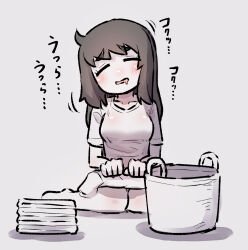 Rule 34 | 1girl, barefoot, basket, blush, breasts, brown hair, closed eyes, drooling, facing viewer, folded clothes, grey background, head tilt, laundry, medium breasts, mouth drool, original, parted lips, shadow, shirt, short sleeves, simple background, solo, translation request, u-non (annon&#039;an)