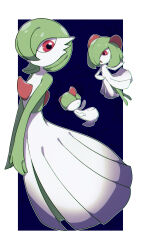 Rule 34 | 1other, 2girls, :&gt;, absurdres, afuron, blue background, bob cut, border, bowl cut, chromatic aberration, closed mouth, colored skin, covered eyes, creatures (company), evolutionary line, flat chest, full body, game freak, gardevoir, gen 3 pokemon, green hair, green skin, hair over eyes, hair over one eye, hand up, highres, kirlia, looking at another, looking at viewer, multicolored skin, multiple girls, nintendo, one eye covered, open mouth, outside border, own hands together, pokemon, pokemon (creature), ralts, red eyes, short hair, sidelocks, simple background, standing, two-tone skin, v arms, white border, white skin