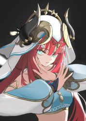 Rule 34 | 1girl, blue nails, bridal gauntlets, brown background, crop top, dark background, detached sleeves, forehead jewel, genshin impact, gold trim, green eyes, hands up, highres, horns, long hair, long sleeves, looking at viewer, low twintails, nail polish, nilou (genshin impact), parted bangs, parted lips, puffy long sleeves, puffy sleeves, rikui (rella2930), solo, twintails, upper body, veil, white headdress, white sleeves, x arms