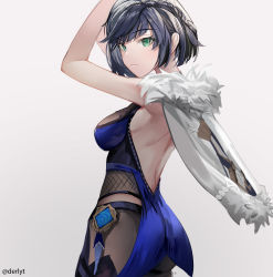 Rule 34 | 1girl, absurdres, arms up, backless dress, backless outfit, bare arms, black hair, blunt bangs, bob cut, braid, breasts, cape, derlyt, dress, fishnets, from side, fur trim, genshin impact, green eyes, highres, looking at viewer, short hair, vision (genshin impact), white cape, yelan (genshin impact)