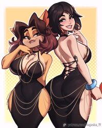 2girls alyssa_bandicoot_(magaska) animal_ears artist_name biting_own_lip black_choker black_dress blush bracelet breasts brown_hair chain choker cleavage crash_bandicoot_(series) crossover dress earrings evie_(fortnite) fortnite furry furry_female gold_chain green_eyes grin halterneck highres hip_vent hoop_earrings horseshoe jewelry large_breasts long_dress looking_at_another magaska meme_attire modakawa_dress multiple_girls o-ring patreon_logo patreon_username short_hair smile watermark web_address