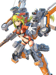 Rule 34 | 1girl, bikini, bikini bottom only, breasts, cropped jacket, gloves, headgear, highres, holding, holding weapon, long hair, looking at viewer, mecha musume, medium breasts, original, outstretched arm, pinakes, side-tie bikini bottom, sideboob, simple background, smile, solo, swimsuit, thighhighs, weapon, white background, white gloves, yellow eyes