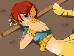 Rule 34 | 1girl, animal ears, bare shoulders, breasts, breath of fire, breath of fire ii, capcom, cat ears, cat tail, furry, furry female, green eyes, highres, no panties, no pants, orange hair, pointy ears, rinpoo chuan, short hair, solo, striped, tail, white background