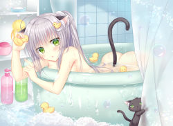 Rule 34 | 1girl, :o, ahoge, animal, animal ears, ass, bath, bathroom, bathtub, blush, cat, cat ears, cat tail, commentary request, curtains, duck hair ornament, foam, green eyes, hair ornament, hairclip, holding, indoors, kohinata hoshimi, long hair, looking at viewer, nude, original, parted lips, partially submerged, pointing, rubber duck, shampoo, shampoo bottle, silver hair, soap, soap bubbles, solo, sparkle, tail, water, wet