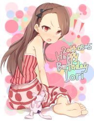 Rule 34 | !, !!, &gt;:o, 1girl, :o, ass, bare shoulders, barefoot, blush, brown hair, camisole, character name, dated, feet, female focus, from behind, full body, hairband, happy birthday, idolmaster, idolmaster (classic), laki, long hair, looking back, minase iori, open mouth, red eyes, sitting, skirt, soles, solo, stuffed animal, stuffed rabbit, stuffed toy, swept bangs, toes, v-shaped eyebrows, white background