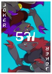 Rule 34 | 2others, alternate color, animal hands, arm up, beads, black fur, black hair, blue background, blue eyes, body fur, border, brown hair, card (medium), claws, closed mouth, colored tips, creatures (company), english text, fangs, from side, furry, game freak, gen 5 pokemon, hair beads, hair ornament, half-closed eyes, hanamoru, hand up, happy, highres, long hair, looking at viewer, low-tied long hair, multicolored hair, multiple others, neck fur, nintendo, open mouth, other focus, pokedex number, pokemon, pokemon (creature), polka dot, polka dot background, purple hair, red hair, rotational symmetry, shiny and normal, shiny pokemon, simple background, smile, snout, standing, two-tone fur, two-tone hair, upper body, upside-down, very long hair, white border, yellow eyes, zoroark