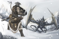 Rule 34 | armor, arrow (projectile), boots, bow (weapon), dovahkiin, dragon, fantasy, feathers, glowing, glowing eyes, helmet, horns, male focus, mountain, muscular, sheath, shield, snow, snowflakes, sword, tail, the elder scrolls, the elder scrolls v: skyrim, weapon, wings, yana yana
