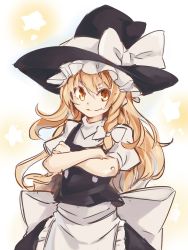 Rule 34 | 1girl, apron, asutora, black hat, black vest, blonde hair, bow, braid, closed mouth, commentary request, crossed arms, hair bow, hat, hat bow, highres, kirisame marisa, looking at viewer, one-hour drawing challenge, puffy short sleeves, puffy sleeves, short sleeves, smile, solo, touhou, vest, waist apron, white apron, white bow