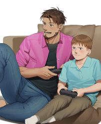 Rule 34 | 2boys, bara, beard, black eyes, black shirt, blue pants, blue shirt, brown hair, brown pants, closed mouth, controller, facial hair, father and son, game controller, highres, holding, holding controller, jacket, male focus, mature male, multiple boys, nywlub (bulwyn), open clothes, open jacket, open mouth, original, paid reward available, pants, pink jacket, playing games, shirt, short hair, sitting, smile, socks, white background