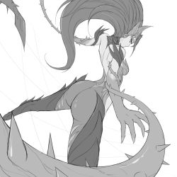 Rule 34 | 1girl, ass, bad id, bad pixiv id, from behind, greyscale, highres, league of legends, long hair, looking back, monochrome, monster girl, plant, plant girl, solo, vines, waero, zyra