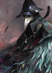 Rule 34 | 1girl, abstract background, absurdres, beak, bell, bloodborne, collar, collared jacket, cracker, eileen the crow, feathers, food, hat, highres, hukutuuprunes, jacket, mask, plague doctor mask