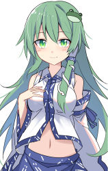 Rule 34 | 1girl, bare shoulders, blush, closed mouth, detached sleeves, e.o., frog hair ornament, green eyes, green hair, hair between eyes, hair ornament, highres, japanese clothes, kochiya sanae, long hair, navel, nontraditional miko, simple background, snake hair ornament, solo, touhou, upper body, white background