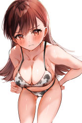 Rule 34 | 1girl, animal print, bent over, bikini, blush, breasts, brown eyes, brown hair, cleavage, collarbone, commentary request, cow print, cowboy shot, highres, kantai collection, large breasts, long hair, looking at viewer, nanahamu, ooi (kancolle), simple background, solo, standing, swimsuit, white background, white bikini