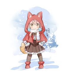 Rule 34 | &gt;:), 1girl, animal, animal ears, animal hood, bird, black pantyhose, blush, boots, bow, brown eyes, brown skirt, capelet, closed mouth, commentary request, fake animal ears, frilled skirt, frills, fringe trim, full body, gloves, hands on own hips, hood, hood up, hooded capelet, long hair, original, pantyhose, pink hair, pleated skirt, red bow, red capelet, scarf, shirt, skirt, smile, smug, snow, snowing, solo, standing, tail, translation request, tree, v-shaped eyebrows, wataame27, white gloves, white scarf, white shirt, wolf-chan (wataame27), wolf ears, wolf girl, wolf hood, wolf tail