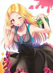 Rule 34 | 1girl, ;p, akanbe, amagi shino, arm up, armpits, bare shoulders, black dress, blonde hair, can, collarbone, dress, eyebrows, eyelid pull, forehead, frilled dress, frills, hand up, highres, holding, holding can, multicolored hair, official art, one eye closed, original, paint, paint can, paint splatter, pink hair, red eyes, shirt under dress, shoelaces, solo, streaked hair, striped clothes, striped dress, tongue, tongue out, two-tone hair, white background